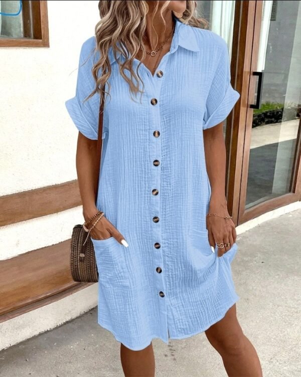 Summer Short Sleeve Shirt Dress Fashion Solid Color Single-breasted Mid-length Loose Dress - Image 7