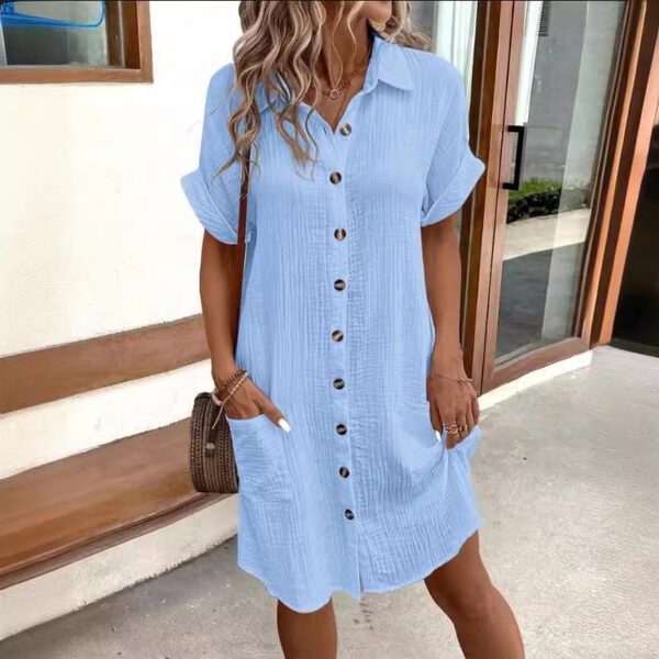 Summer Short Sleeve Shirt Dress Fashion Solid Color Single-breasted Mid-length Loose Dress - Image 5