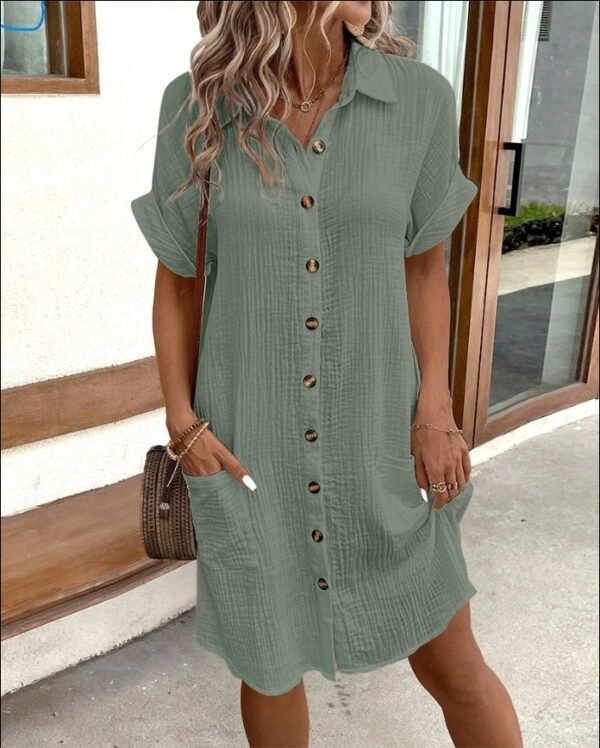 Summer Short Sleeve Shirt Dress Fashion Solid Color Single-breasted Mid-length Loose Dress - Image 8