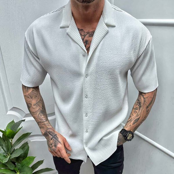 Men's Cardigan Solid Color Short Sleeve Shirt - Image 5