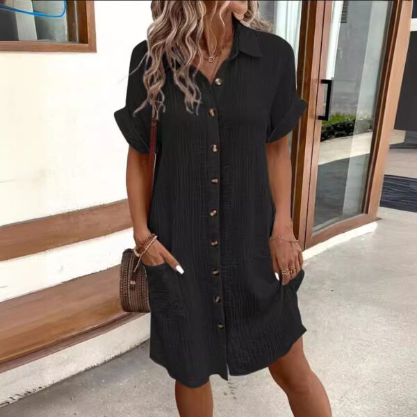 Summer Short Sleeve Shirt Dress Fashion Solid Color Single-breasted Mid-length Loose Dress - Image 10